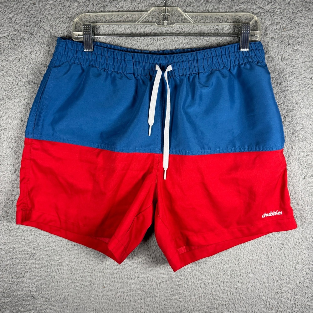 Chubbies Mens Swim Trunks Large Red Blue Colorblock 5 Inch Inseam Made in USA